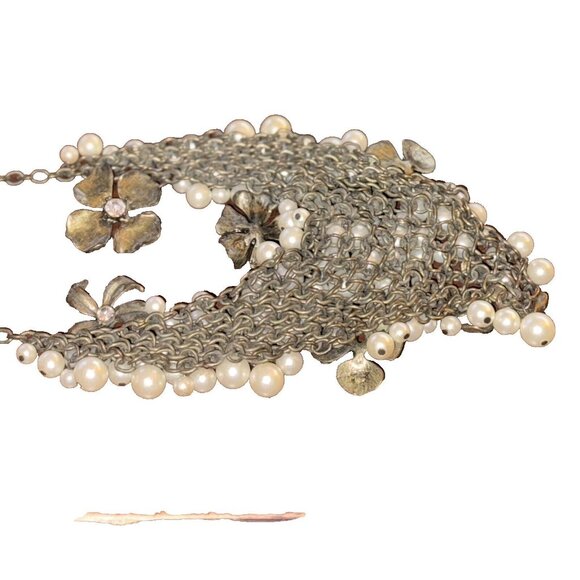 Floral Rhinestone Pearl Cluster Goth Gun Metal Bronze Chain Mail Bib Necklace - Picture 6 of 6